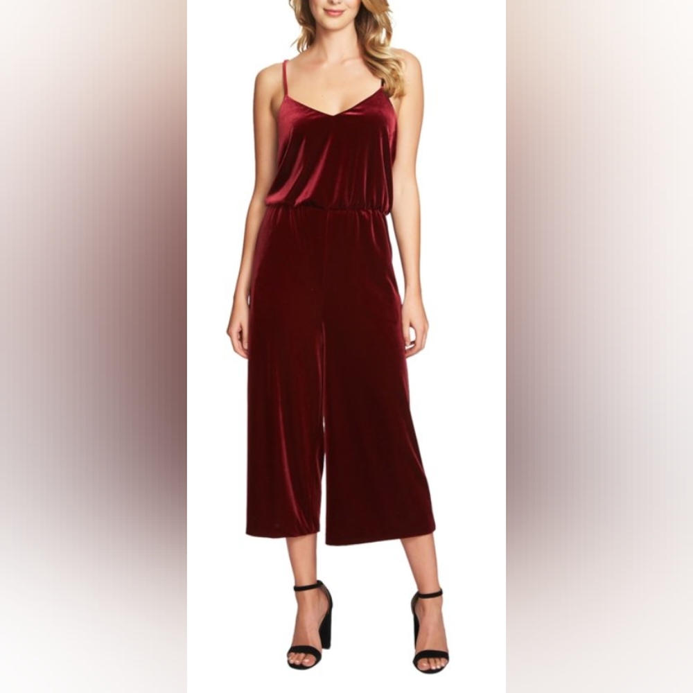 1 State burgundy velvet jumpsuit with spaghetti straps